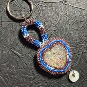 Beaded Heart Keychain with Blue and Brown Accents